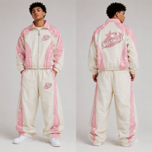 Conjunto Deportivo para Hombre en Rosa y Blanco con Bloques de Color, Chaqueta Cortavientos con Cierre Completo, Corte Holgado, Estilo Urbano, con Bolsillos Laterales y Estampado por Sublimación - Product Image 2