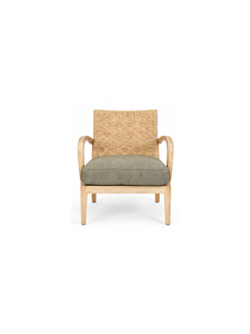 Fauteuil de salle à manger scandinave moderne en bois avec dossier capitonné et coussin en tissu tressé – Mobilier de salle à manger écologique - Product Image 1