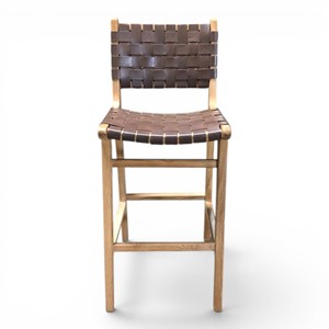 Silla de Barra Moderna Nórdica de Madera de Teca Premium con Asiento de Cuero Tejido para Cocina, Isla, Restaurante, Cafetería, Hotel - Product Image 1
