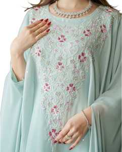 Awais House Women's Mint Embroidered Polyester Fiber Floor-Length Modest A-Line Evening Formal Wear V-neck Long Sleeve Natural - Product Image 2