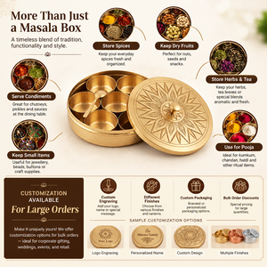 Handcrafted Round Brass Spice Box Starburst Engraved <b>Lid</b> Masala Dabba Kitchen Storage Container <b>With</b> Spoon for Home Hotel Decor - Product Image 4