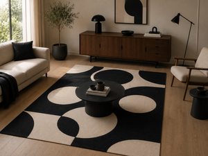 Alfombra de Lana Hecha a Mano Personalizada, Estilo Moderno Bauhaus, Círculos Geométricos, Color Negro Crema, Alfombra de Mediados de Siglo para Sala de Estar, Alfombra OEM - Product Image 1