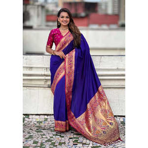 ผ้าไหมซาเร่สีม่วงอีลิท วีฟส์ พร้อมผ้าคลุมไหล่พาธาไน คาดียาล ซารี ทอประดับด้วยด้ายซารี  ชุดผู้หญิงอินเดียสุดหรู - Product Image 1