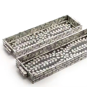 Set of 2 rectangular mother-of-pearl inlaid <b>trays</b> for cups. <b>Kitchen</b> serving <b>trays</b>, various designs. - Product Image 5