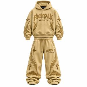 Ensemble de survêtement unisexe avec sweat à capuche et pantalon, motif étoile dorée en relief, streetwear, coupe ample longueur intégrale, automne - Product Image 1
