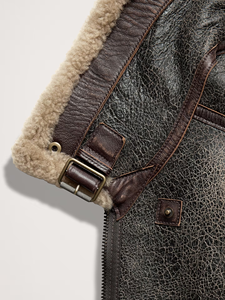 Veste aviateur vintage en cuir marron pour homme avec col en fourrure de mouton, style pilote usé, blouson motard d'hiver - Product Image 5