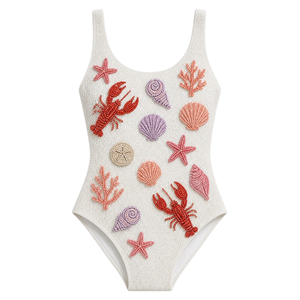 Maillot de bain de luxe brillant pour femme, une pièce blanc personnalisé avec broderie perlée motif vie marine, col carré, sans manches, coupe moulante - Product Image 1