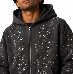 Sudadera con capucha informal de lujo para hombre, con gemas, extragrande, con cremallera, estilo bling, chaqueta premium con pedrería termoadhesiva, proveedor de fábrica OEM ODM - Product Image 3
