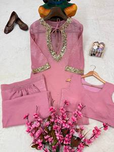 Ensemble Salwar Kameez brodé rose pour femmes, tenue festive Kurta Palazzo, vêtements de fête de mariage - Product Image 6