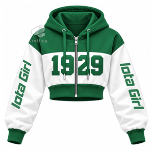 Sudadera con capucha corta con cremallera y bloques de color para mujer Iota Phi Lambda, de manga larga, con letras griegas bordadas, estilo universitario - Product Image 1