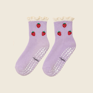 Custom Logo Strawberry Grip Socks Non <b>Slip</b> Pilates Yoga Barre Socks Cute Ruffle Cotton Socks for Women OEM ODM Manufacturer - Product Image 4
