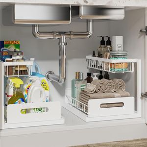 Paquete de 2 Organizadores de Gabinetes Extraíbles, Estante Deslizante de 2 Niveles para Fregadero, Estantes de Almacenamiento Blancos para Cocina y Baño - Product Image 1