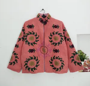 Veste bohème en coton rose pêche brodée Suzani, col montant, faite à la main, motif floral coloré, pour femme, automne - Product Image 2