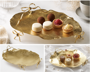 Luxury <b>Decorative</b> Metal Dessert Serving Tray with Bow Handles Modern Cake Pastry Display Platter for Tabletop Decor - Product Image 4