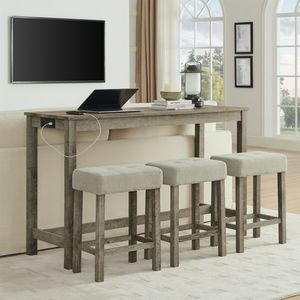 Tavolo Bar con Presa di Corrente da 59 Pollici e 3 Sgabelli Imbottiti, Set di Arredamento per Soggiorno in 4 Pezzi, Combinazione Tavolo e Sedie da Pranzo - Product Image 3