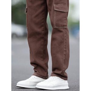 Jean cargo en denim marron moderne pour homme, coupe ample, style vintage, écologique, respirant, hiver, délavé, grande taille, thème rétro - Product Image 3