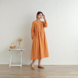 Robe longue décontractée pour femme, élégante, orange, col rond, coupe ample, avec taille à volants, robe midi décontractée - Product Image 2