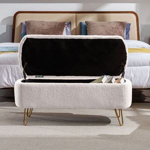 Modern Ivory White Faux Fur Entryway Bench <b>Padded</b> Storage Ottoman with Gold Legs for Home for End Beds or <b>Stools</b> & Ottomans - Product Image 6