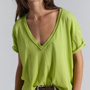 Wholesale Women's V Neck <b>Short</b> Sleeve T-Shirt Solid Color Casual Loose Fit Knitted Top Green Women Plus Size Distressed T-Shirt - Product Image 1
