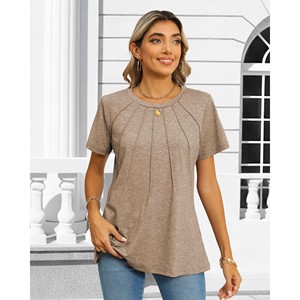 T-shirt gris à manches courtes et col rond pour femme avec design plissé sur le devant, coupe décontractée, en jersey - Product Image 2