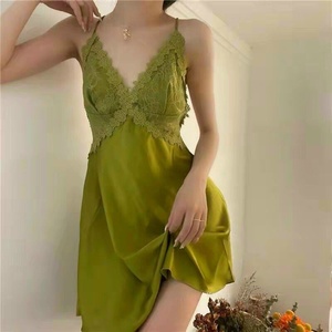 Camisón de Satén Liso sin Mangas hasta la Rodilla para Mujer con Ribete de Encaje - Pijama Casual de Otoño/Primavera/Verano - Product Image 3