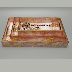 ชุดถาดเสิร์ฟลายเรขาคณิตสีชมพู 3 ชิ้น ทำจาก MDF และกระดาษ ถาดซ้อนกันได้ สำหรับตกแต่งบ้านสไตล์โมเดิร์นและใช้เสิร์ฟ - Product Image 1