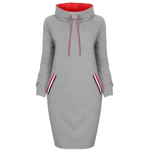 Vestido con capucha para mujer, manga larga, cuello alto, bolsillos con cordón, informal, otoño, gris, forro rojo - Product Image 3