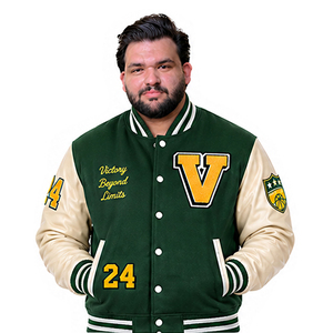 Veste universitaire unisexe verte crème avec logo jaune et numéro brodés en chenille, design décontracté, personnalisable avec logo. - Product Image 1