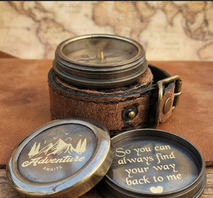 Retro Nautical Brass <b>Compass</b> with Engraved Leather Case Pointer Dial for Outdoor Hiking Adventure Portable Pocket Style - Product Image 6