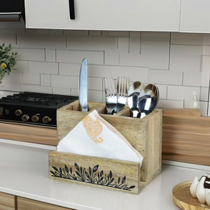 Wood Cutlery Holder Cutlery Stand with Napkin Holder Handcrafted Wooden Cutlery Spoon Holder <b>kitchen</b> storage wooden <b>caddy</b> - Product Image 6
