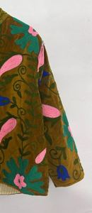 White Floral Embroidery Velvet Kimono <b>Cardigan</b> Long Sleeve Loose Fit Mandarin Collar Autumn Casual Beautiful Elegant Boho - Product Image 3