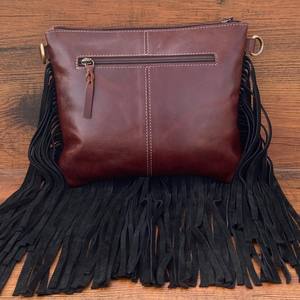 Bolso cruzado con flecos de cuero con pelo occidental para mujer, bolso con borlas florales de cuero genuino personalizado, bolsos de piel de vaca - Product Image 4