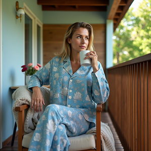 Conjunto de pijama de verano para mujer, elegante estampado de bloque de pájaro a mano, azul, suave, cómodo, tejido artesanal, PJ, pantalón - Product Image 2