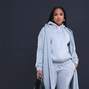 Sweat-shirt à capuche gris pour femme, manches longues, tricoté en coton et fibre de bambou, couleur unie, décontracté, pour l'automne - Product Image 3