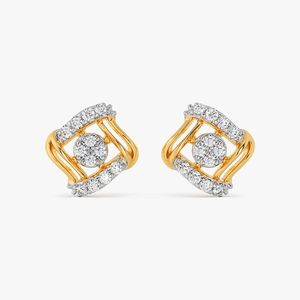 Boucles d'oreilles clous géométriques carrées en or jaune avec halo de diamants de laboratoire - Product Image 1