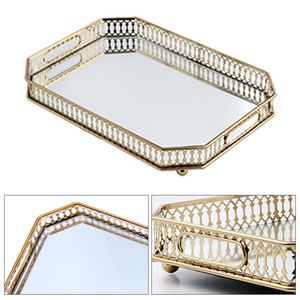 Wholesale Luxury <b>Octagonal</b> Gold <b>Mirror</b> Tray Bulk Hotel Serving Platter with Elegant Ornate Lattice Frame and Integrated Handles - Product Image 2