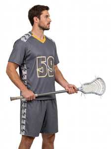 Ensemble uniforme de lacrosse sublimé gris pour hommes, col en V, numéro 59, maillot athlétique à manches courtes et short - Product Image 3