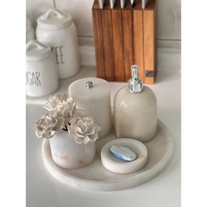 White Marble Bathroom Set 4-Piece Round Minimalist Soap Dispenser <b>Toothbrush</b> <b>Holder</b> Tray Easy To Clean - Product Image 5