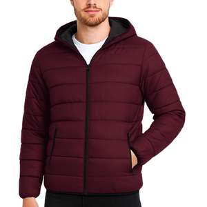Men's <b>Burgundy</b> Eco-Friendly Woolen Hooded Quilted 100% Polyester Zipper Front Casual <b>Puffer</b> <b>Jacket</b> Regular Fit Solid Color - Product Image 1