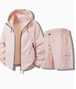 Ensemble court décontracté pour femme en polyester respirant à capuche, coupe ample, léger, tendance, deux pièces, tenue d'été pour tous les jours - Product Image 6