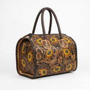 Sac à main Speedy en cuir gaufré fait main avec motif floral tournesol, style western vintage, sac à main à poignée supérieure pour femme - Product Image 2