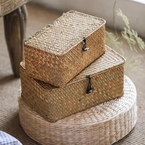 Juego de 2 cestas rectangulares de paja natural con tapa, cestas de almacenamiento hechas a mano, venta al por mayor, ecológicas, hechas en Vietnam - Product Image 1