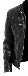 Veste de moto en cuir véritable noir de haute qualité pour homme, col montant, fermeture éclair, coupe ajustée, pour l'automne - Product Image 3