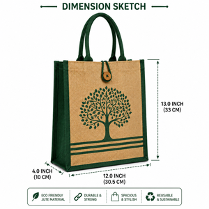 Jute Shopping <b>Bag</b> <b>Medium</b> <b>Size</b> Tree Pattern Green Handles Button Closure Groceries Tote - Product Image 2