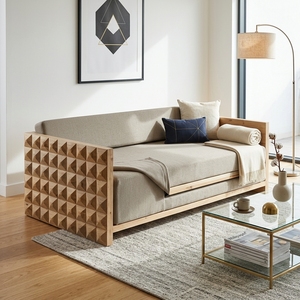 Dice Double <b>Sofa</b> Modern <b>Wooden</b> Two Seater Couch With 3D Geometric Carved Armrest Luxury Minimalist Home Living Room Furniture - Product Image 4