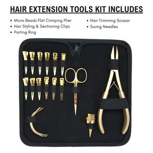 Kit de Herramientas para Extensiones de Cabello Doradas, Set de Aplicación de Micro Anillas, Pinzas de Pico de Pato, Alicates de Crimpado Plano, Agujas Curvas, Tijeras de Recorte - Product Image 2
