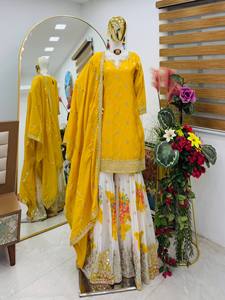 Traje Salwar Kameez de Georgette Amarillo Bordado con Dupatta, Ropa Étnica de Secado Rápido para Mujer, para Fiestas, Bodas, Graduaciones, Diwali - Product Image 5