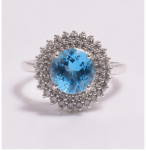 Anillo de Plata con Topacio Azul Natural, Anillo de Cóctel Elegante, Anillo de Piedra de Nacimiento de Diciembre, Joyería Artesanal con Piedras Preciosas, Estilo Vintage con Halo - Product Image 1