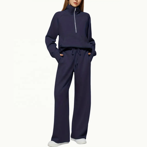 Femmes décontracté couleur unie demi-fermeture éclair haut et pantalon ensemble à manches longues coupe ample à capuche 100% coton éponge écologique - Product Image 2