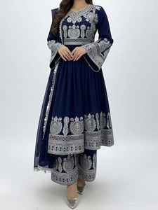 Robe afghane Kuchi orange vif avec des bordures brodées bleues et dorées contrastées, dotée de manches cloche traditionnelles - Product Image 4